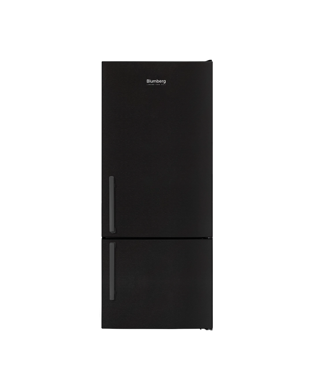 Black refrigerator with closed doors, front view