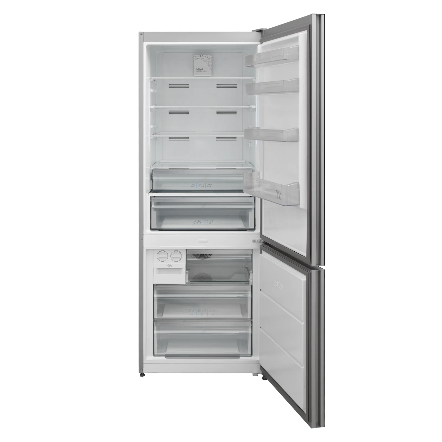 Refrigerator with open doors showing interior compartments