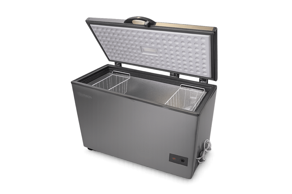 Grey 320L refrigerator with open door showing interior shelves