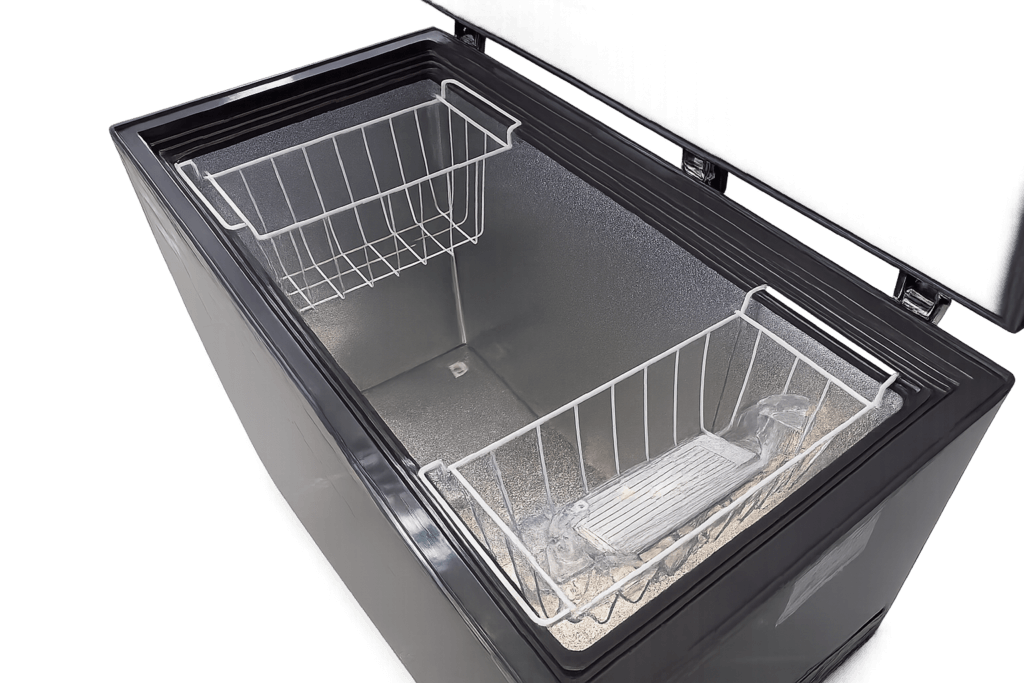 Refrigerator interior close-up with open door and shelves, grey 320L model