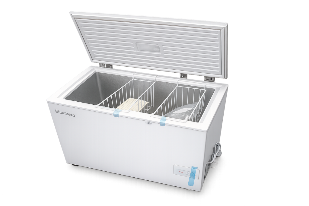 White 260L refrigerator with open door and interior shelves