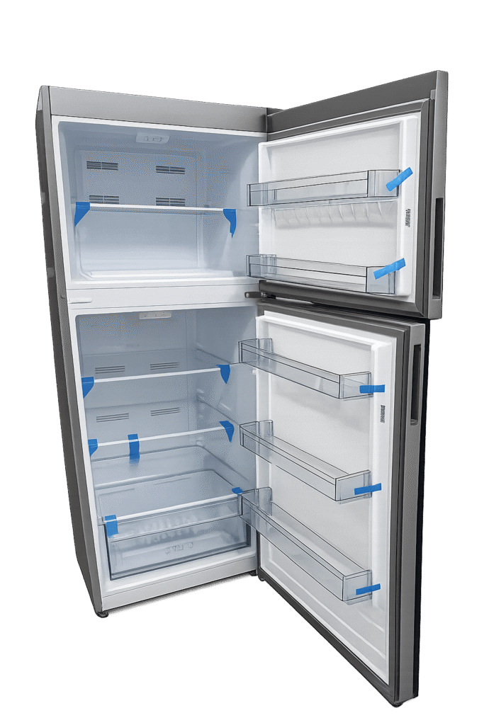 Refrigerator with both doors open showing fridge and freezer compartments