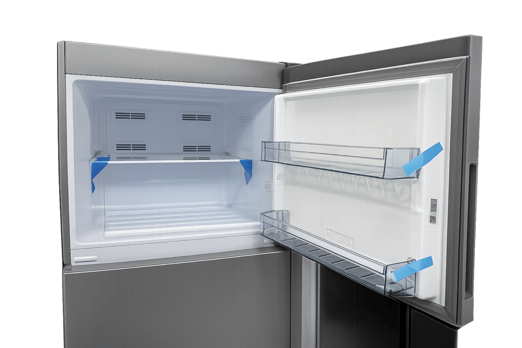 Холодильник с открытой верхней дверцей, показано холодильное отделение