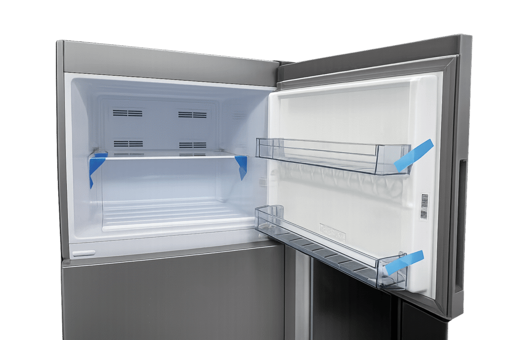 Refrigerator with open upper door showing fridge compartment