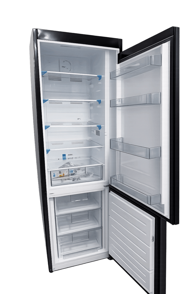 Refrigerator with both doors open showing fridge and freezer compartments